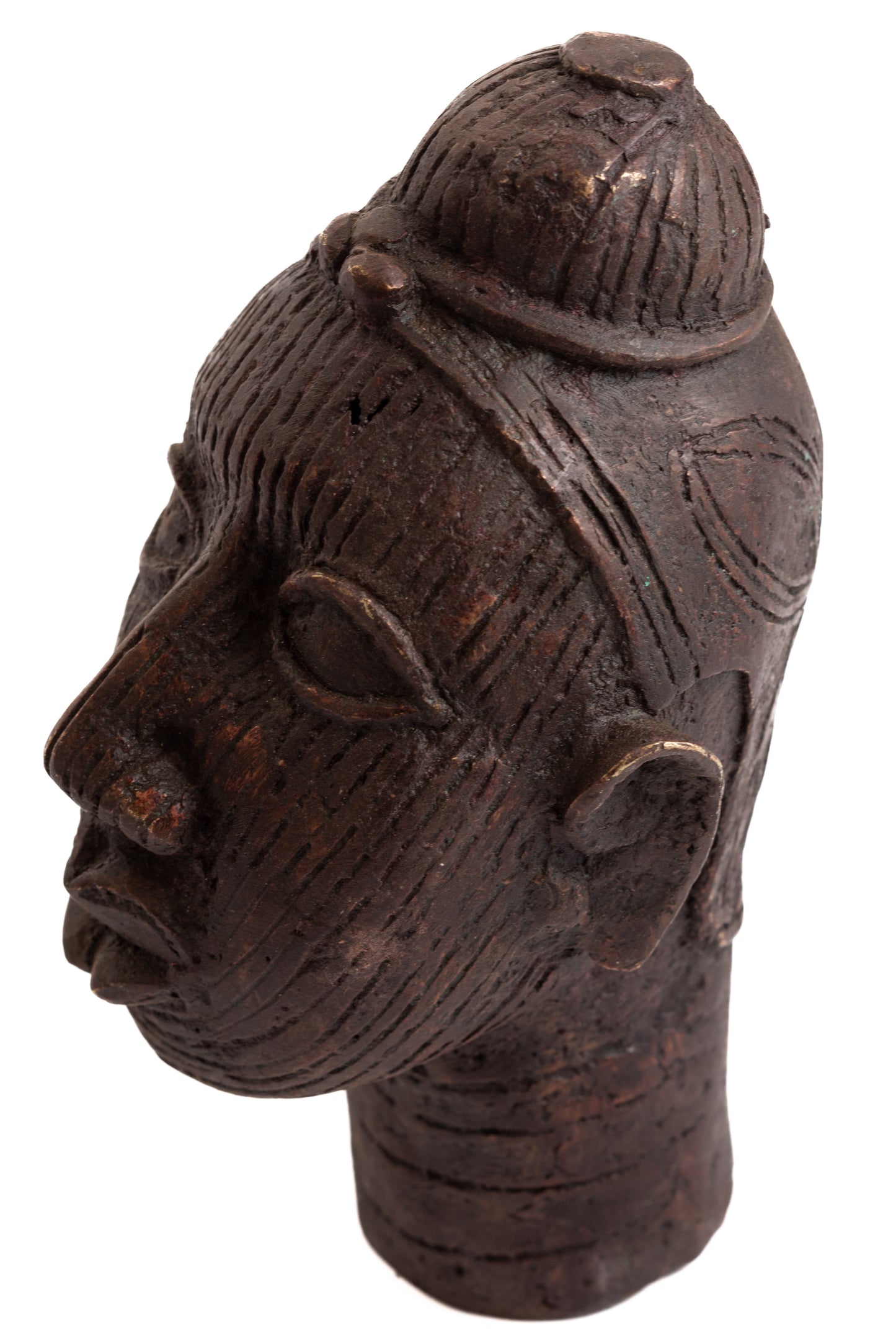 Bronsskulptur 17 cm kvinnohuvud knut Benin