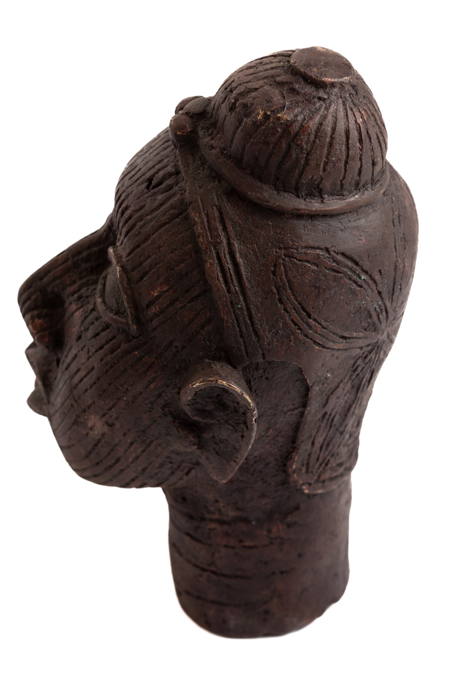 Bronsskulptur 17 cm kvinnohuvud knut Benin