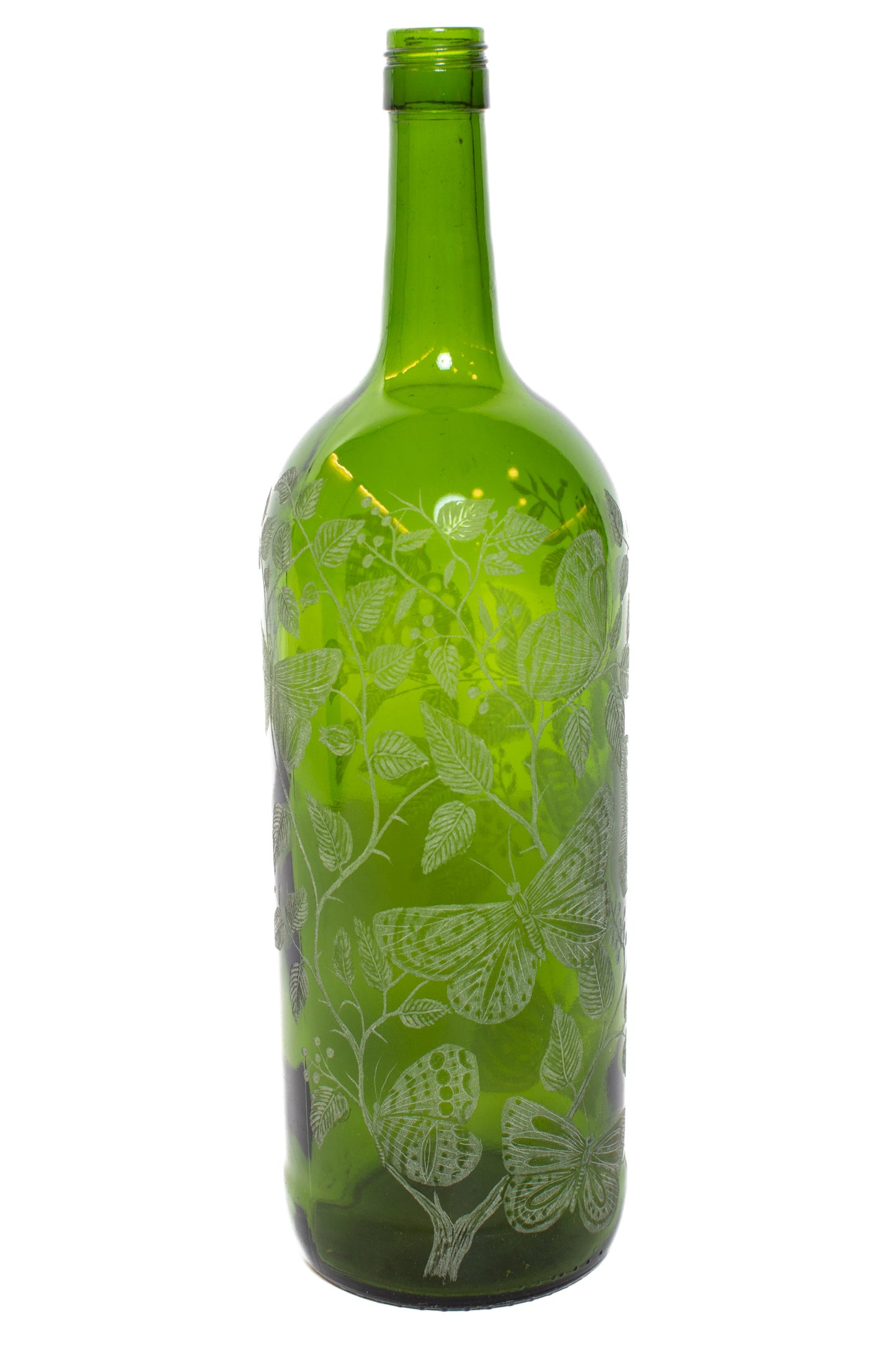 Handgraverad flaska 1,5 L fjäril grön