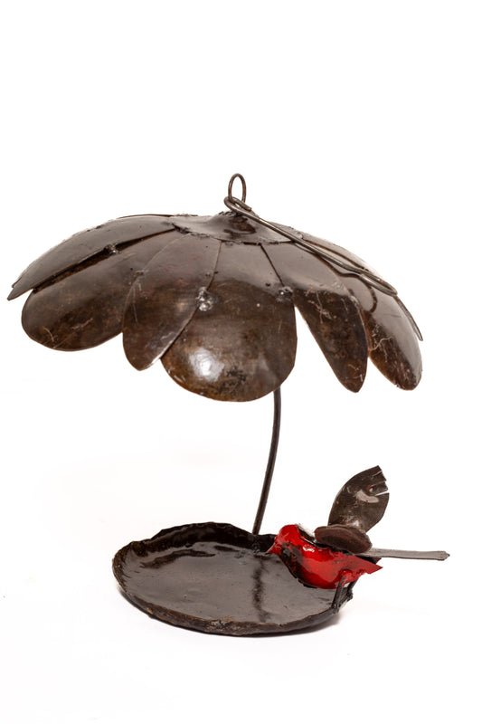 Hängande fågelbad/bord Blomma röd fågel 28 cm återbruk