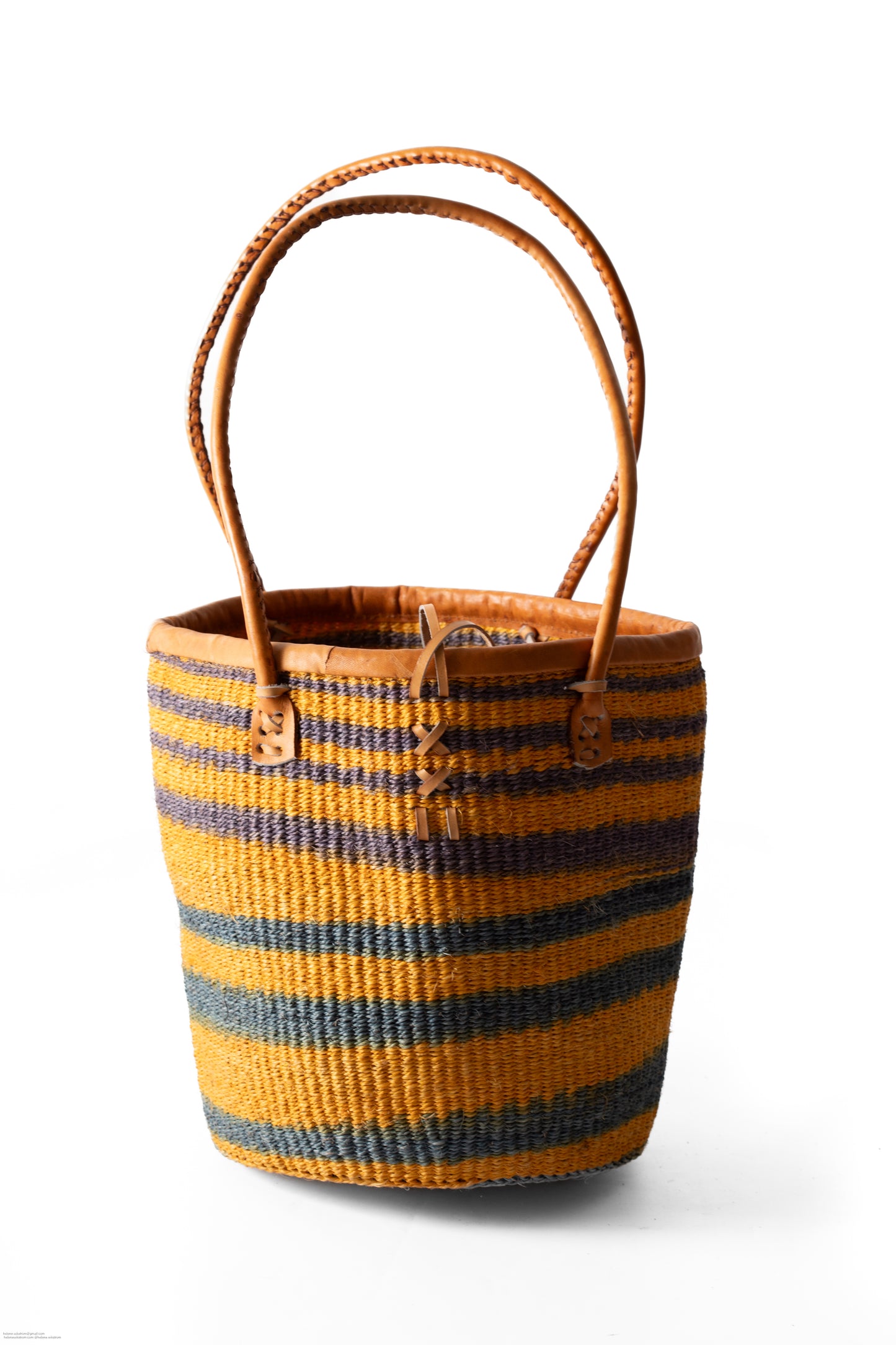 Väska 25 cm senapsgul blå SISAL läder