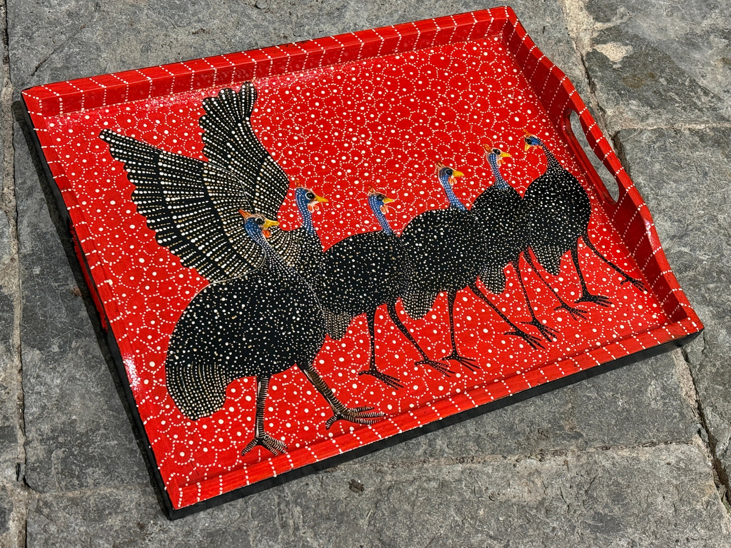 Handmålad bricka Pärlhönor röd