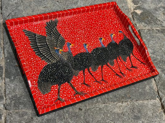 Handmålad bricka Pärlhönor röd