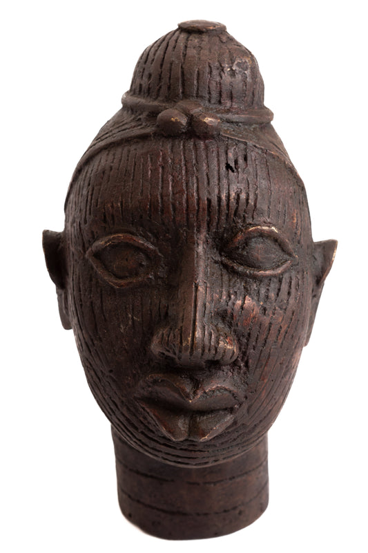 Bronsskulptur 17 cm kvinnohuvud knut Benin