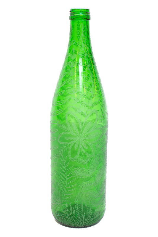 Handgraverad flaska floral ljusgrön