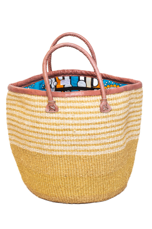 Shopper väska 36 cm randig sand vit SISAL läder kanga